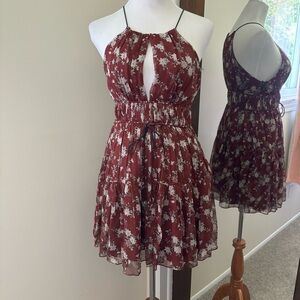 Cinq A Sept Dress Silk Mini Floral Burgundy Chiffon Ruffle Boho Romantic Small S